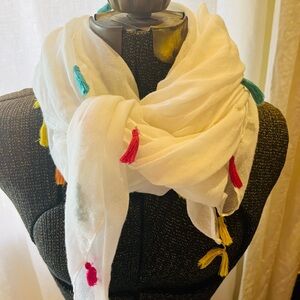 White Lightweight Tassel Scarf | Colorful Pom Trim Boho Scarf